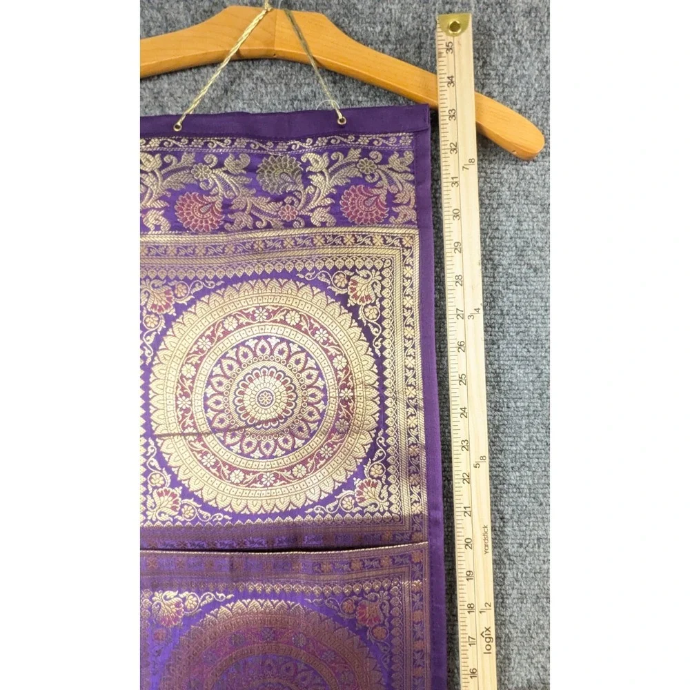 Handmade Purple Gold Brocade Hanging Wall Organizer 3 Pocket Mail Holder Boho